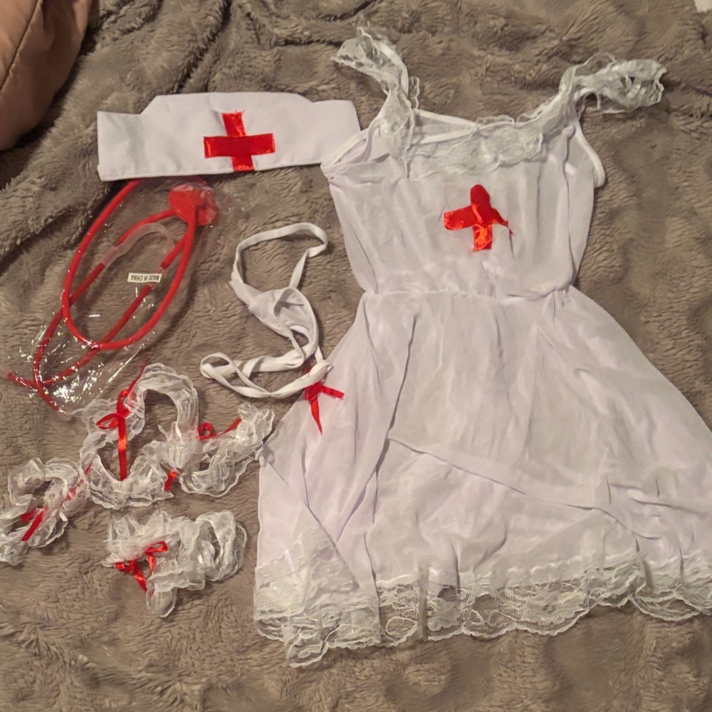 White Nurse Costume with Red Cross Accents